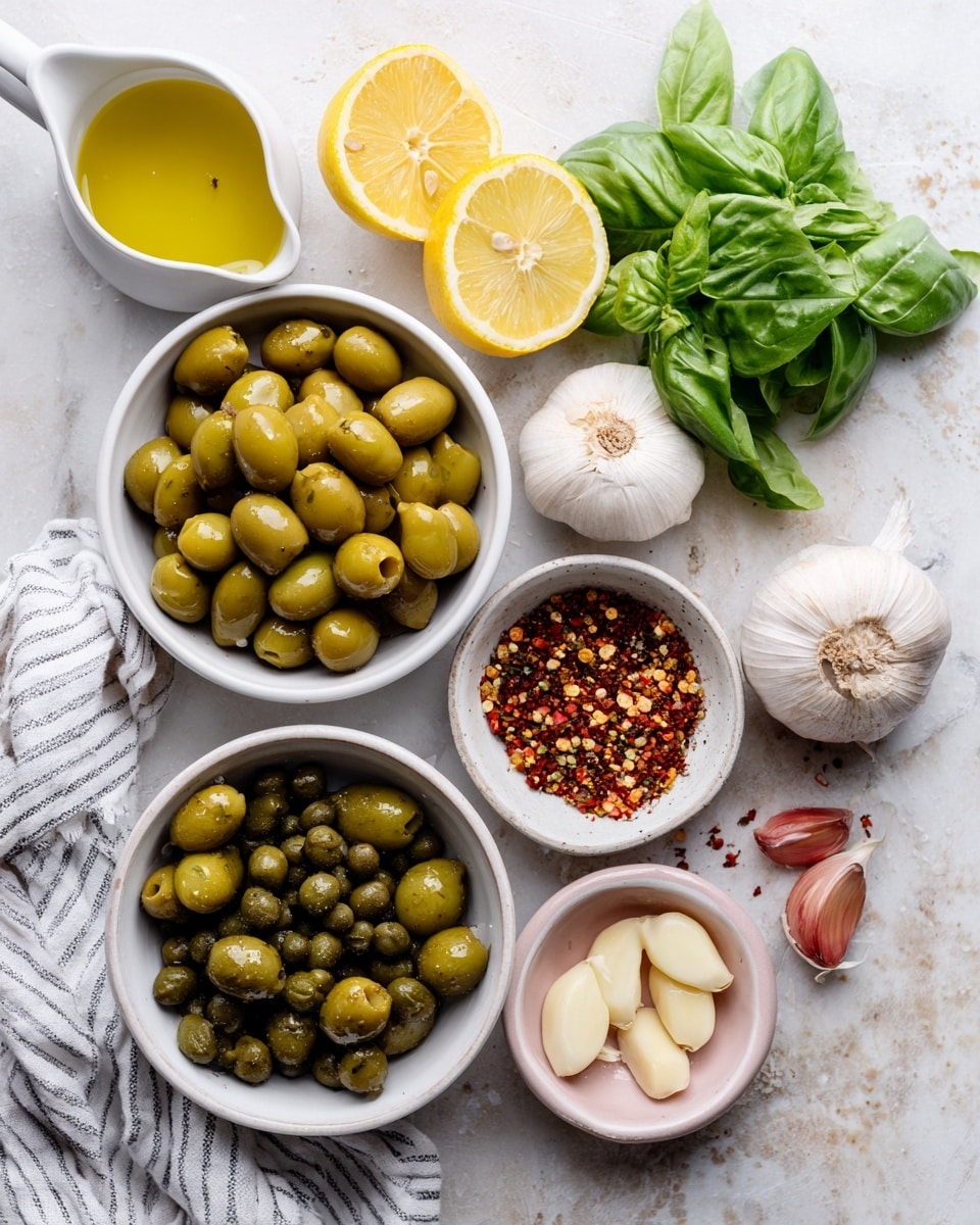 The image shows a white marbled surface with several white bowls and fresh ingredients neatly arranged on it. There are two white bowls filled with green olives; one bowl contains castelvetrano olives, and below it, another bowl has green ripe olives. Between these bowls, a smaller white bowl holds capers in the center. A small white bowl to the right contains seasoning with a mix of red pepper flakes and seeds. At the top right corner, there is a bunch of fresh green basil leaves. Two lemon halves are placed near the top and middle left side. A cluster of fresh garlic bulbs is present near the basil and a small pink dish on the bottom right holds peeled garlic cloves. A small white pouring jug filled with olive oil is placed near the top left beside the olives. A striped white and gray cloth is partially visible on the bottom left. photo taken with an iphone --ar 4:5 --v 7