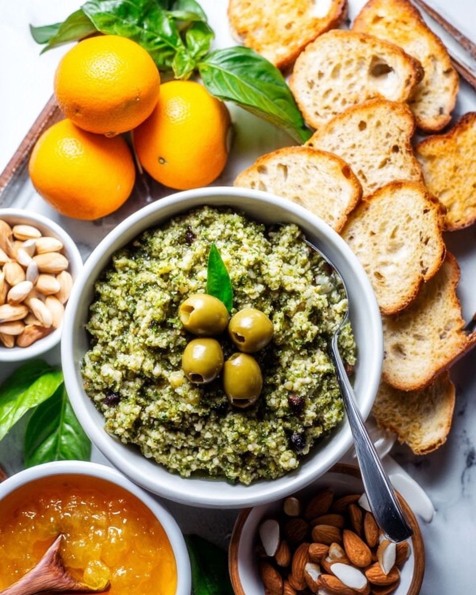 A white bowl sits in the center, filled with a green mixture topped with three whole green olives and a small basil leaf, showing a coarse texture with small grain pieces. A silver spoon rests inside the bowl. To the right are several round toasted bread slices with a golden brown crust arranged in a line. Nearby is a small white bowl filled with light brown almonds, and above that, three bright yellow mandarins with green leaves are placed. To the left of the bowl, a white bowl contains orange-yellow jam with a wooden spoon resting inside, and fresh green basil leaves are positioned around it. Everything is arranged on a white marbled surface. photo taken with an iphone --ar 4:5 --v 7