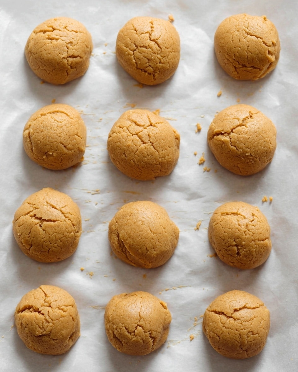 The image shows fifteen small, round peanut butter cookie dough balls arranged in a 3x5 grid on a white parchment paper. Each dough ball has a light tan color with a slightly rough texture and some cracks on the surface. The dough balls are evenly spaced with a few small smudges of dough around some balls. The background is a white marbled texture. photo taken with an iphone --ar 4:5 --v 7