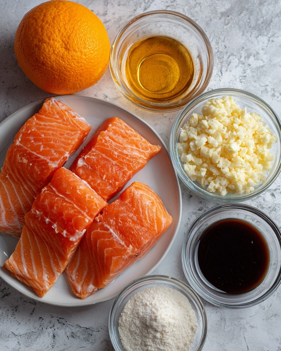 The image shows six clear glass bowls and one white plate arranged on a white marbled texture. The white plate on the left holds three pieces of raw salmon with an orange-pink color and visible skin. Above the plate is a whole bright orange. To the right of the orange is a small glass bowl filled with golden honey. Below the honey is a small bowl with white corn starch powder. Next to the corn starch is a bowl with minced garlic, small and light yellow in color. Below the garlic is a bowl of dark brown soy sauce. Each ingredient is labeled in black text beneath or beside it. Photo taken with an iphone --ar 4:5 --v 7