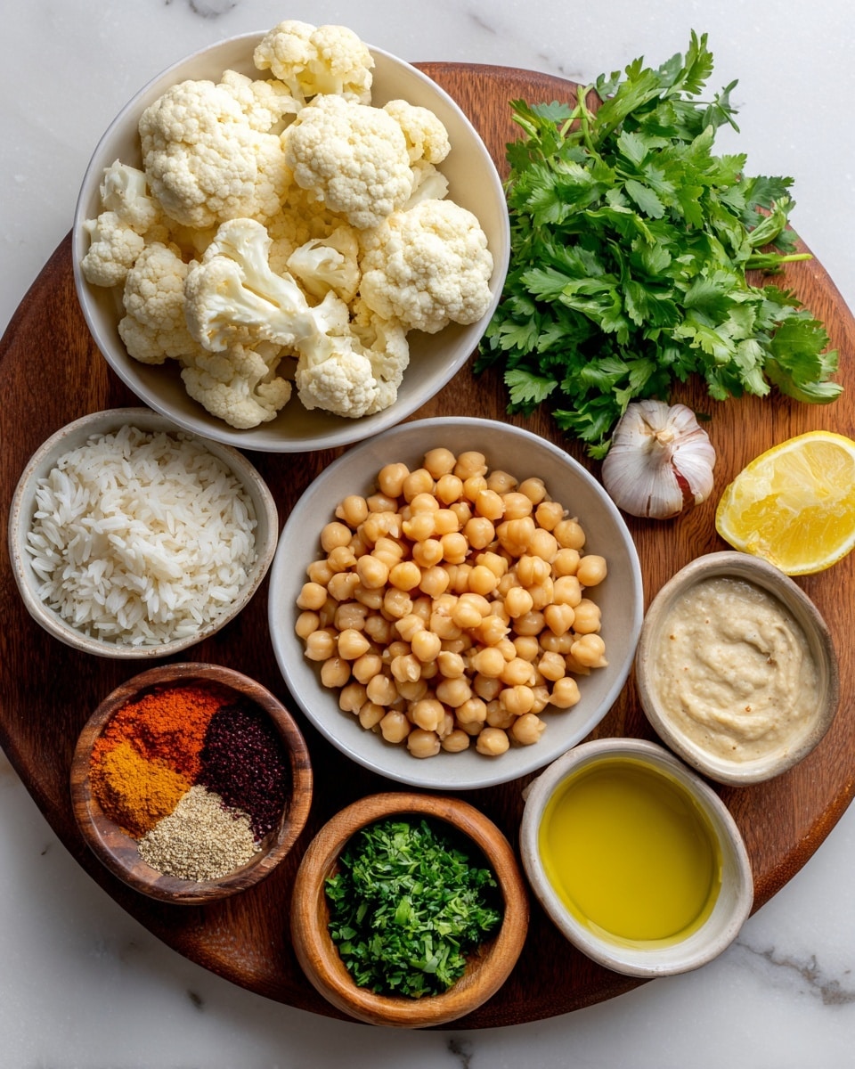 A round wooden board on a white marbled surface holds several small white bowls and one white bowl filled with different ingredients. In the top left, a white bowl is filled with large off-white cauliflower florets. Next to it, a small white bowl contains a single garlic clove. Below that, a small white bowl is filled with light beige chickpeas. In the center right, a small bowl contains a green bunch of fresh cilantro leaves, and next to it is a lemon half with bright yellow color. Below the cilantro, a small white bowl contains bright green parsley leaves. To the bottom center left, a small wooden bowl is filled with cooked white rice. Adjacent to it, a small white bowl holds golden yellow extra virgin olive oil. On the right side of the board, a small bowl with a beige creamy tahini sauce is present. At the bottom left, a small wooden bowl has a mix of colorful spices in red, black, brown, orange, and pink tones. The simple placement of ingredients creates an organized and colorful display. Photo taken with an iphone --ar 4:5 --v 7