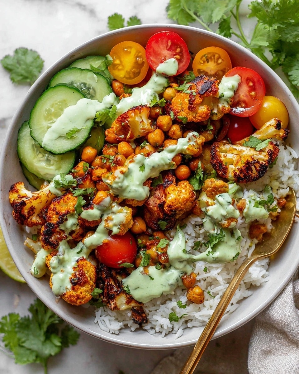 A white bowl filled with a layered dish starting with white cooked rice as the base, topped with roasted golden brown cauliflower pieces with some charred edges, and roasted chickpeas scattered throughout. On top, there are slices of fresh green cucumber and halved red and yellow cherry tomatoes. The dish is drizzled with a pale green creamy sauce, and sprinkled with fresh green cilantro leaves. A gold spoon is placed inside the bowl, and the bowl is set on a white marbled surface with some cilantro leaves around. photo taken with an iphone --ar 4:5 --v 7