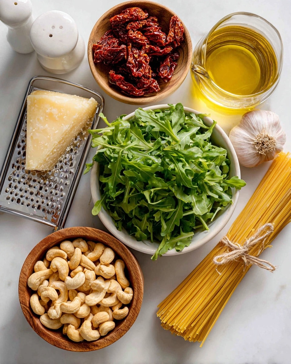 The image shows several cooking ingredients arranged neatly on a white marbled surface. From top to bottom and left to right, there is a small bowl with dried red tomatoes, a glass bottle of olive oil with a golden-yellow color, and two white salt and pepper shakers side by side. Below them is a small white bowl filled with fresh green arugula leaves with a rough texture. To the left, a metal grater holds a wedge of pale yellow parmesan cheese with a hard and crumbly texture. Below that is a small wooden bowl filled with shiny, light brown cashews that are smooth and curved. A single garlic clove with a pinkish hue lies near the cashews. On the right, a bundle of uncooked pasta strands tied with a light brown string rests in a straight bundle, showing their smooth and pale yellow surface. Photo taken with an iphone --ar 4:5 --v 7