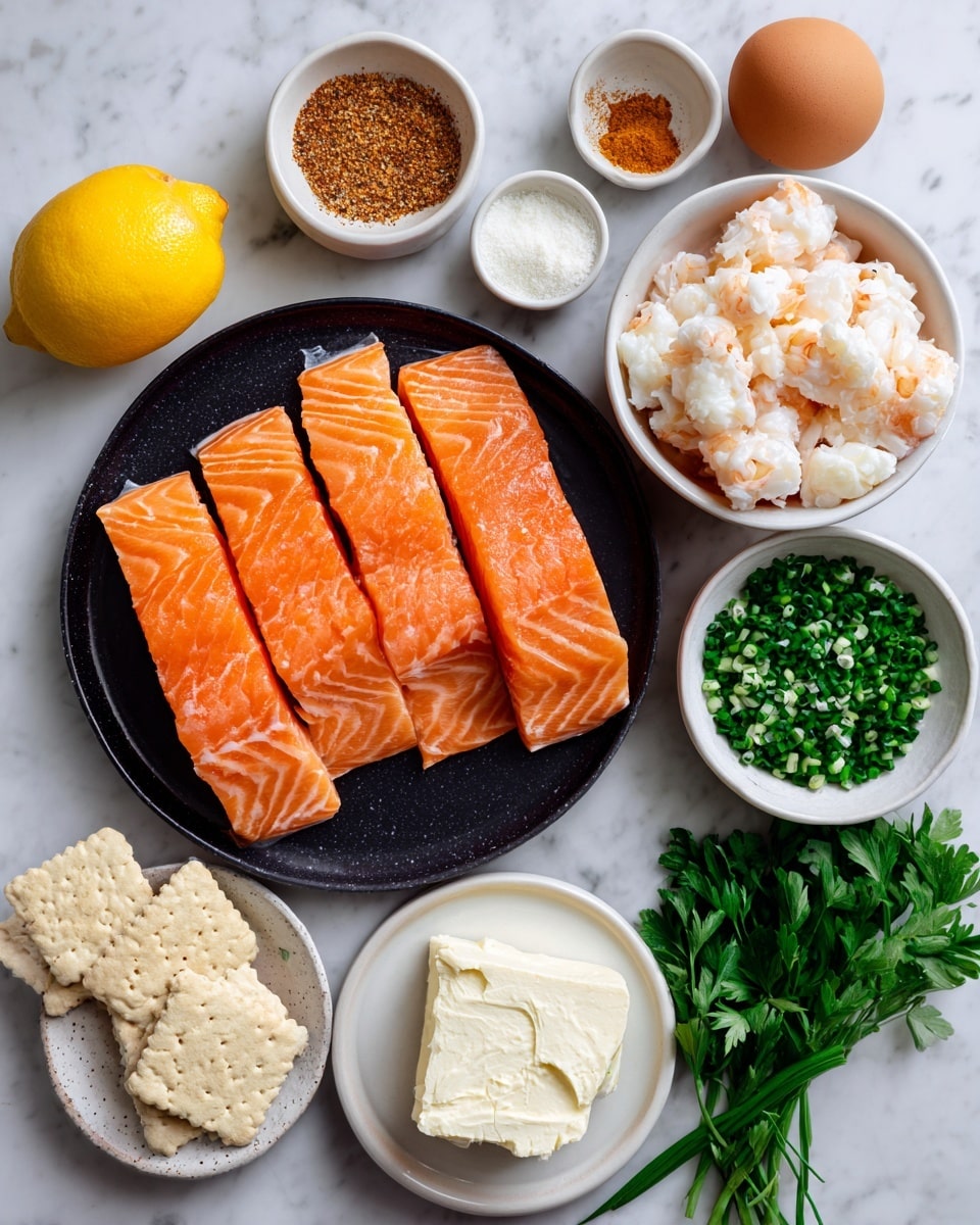 The image shows a white marbled surface with various ingredients neatly arranged for a recipe. In the center, there is a black plate holding four bright orange salmon fillets with delicate white lines. To the top right, a small white bowl contains chunky white lump crab meat. Surrounding these are small white bowls holding Old Bay seasoning (brown powder), salt and pepper mix, creamy white creme fraiche, and light beige crushed Ritz crackers. Below the crackers, another white bowl contains finely chopped green chives. Next to the chives, there is a small white plate with a block of soft white cream cheese. Two garlic cloves and a bunch of fresh green parsley lie beside the cream cheese. A whole lemon and a brown egg are placed near the top left. The setup is clean, bright, and well-organized on the smooth white marbled surface. photo taken with an iphone --ar 4:5 --v 7