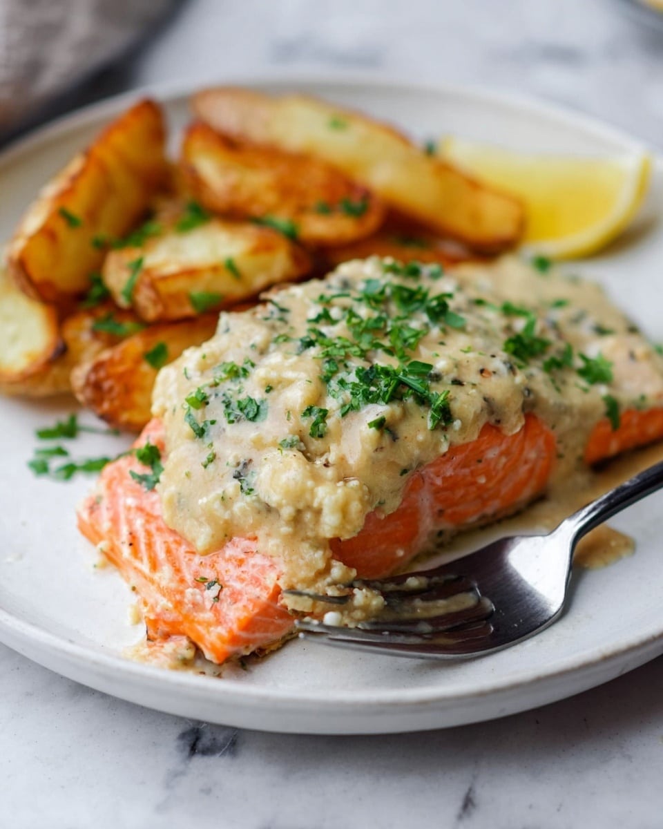 On a white plate with a white marbled background, there is a piece of cooked salmon as the bottom layer, showing bright orange color with light lines of fat. On top of the salmon is a thick, creamy layer of light beige sauce with small green bits mixed inside, slightly browned on the surface. Sprinkled over the top and around the fish are small chopped green herbs. Behind the salmon, there are golden brown potato wedges, and a lemon wedge sits near the back on the right side. A fork with a black handle is placed on the right side of the plate, touching the salmon. Photo taken with an iphone --ar 4:5 --v 7