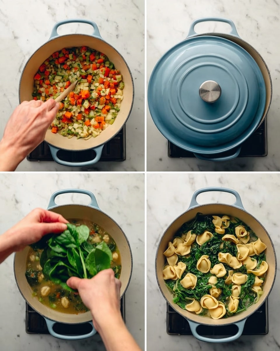 A light blue cooking pot sits on a white marbled surface, shown in four stages. In the first stage, a woman's hand stirs a mixture of small diced orange, green, and beige vegetables in the pot. The second image shows a woman's hand placing a matching light blue lid on the pot. In the third stage, a woman's hand lifts fresh green leafy spinach into the pot over the cooked vegetables. The fourth stage reveals the pot filled with cooked tortellini pasta surrounded by dark green spinach and small chunks of light beige pieces, all mingled in a broth. photo taken with an iphone --ar 4:5 --v 7