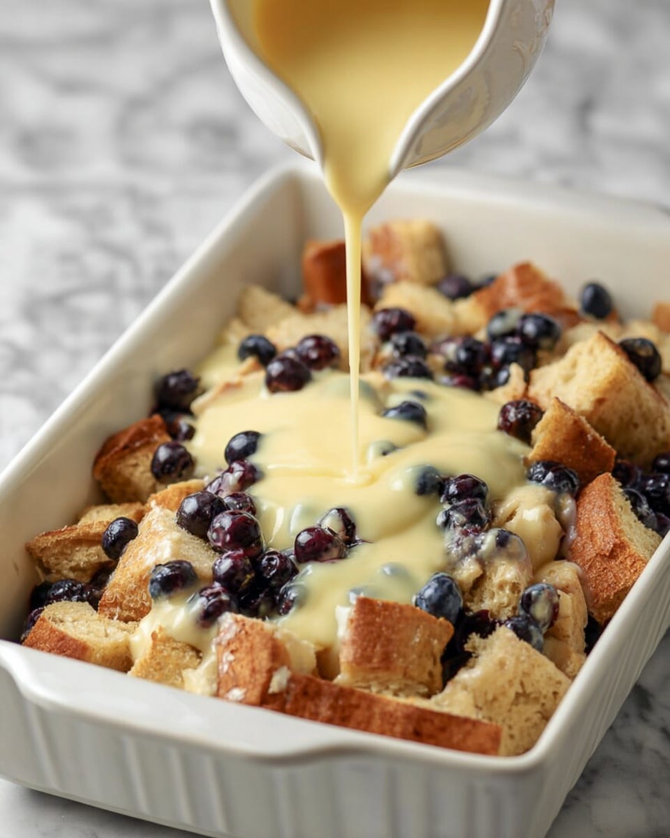 In a white rectangular dish, there is a layer of light brown toasted bread cubes mixed with dark blue blueberries spread evenly. A thick, creamy pale yellow sauce is being poured over the top from a white pitcher, covering some of the bread cubes and berries. The background is a white marbled surface, and the image captures the sauce mid-pour, showing its smooth texture as it flows down. Photo taken with an iphone --ar 4:5 --v 7