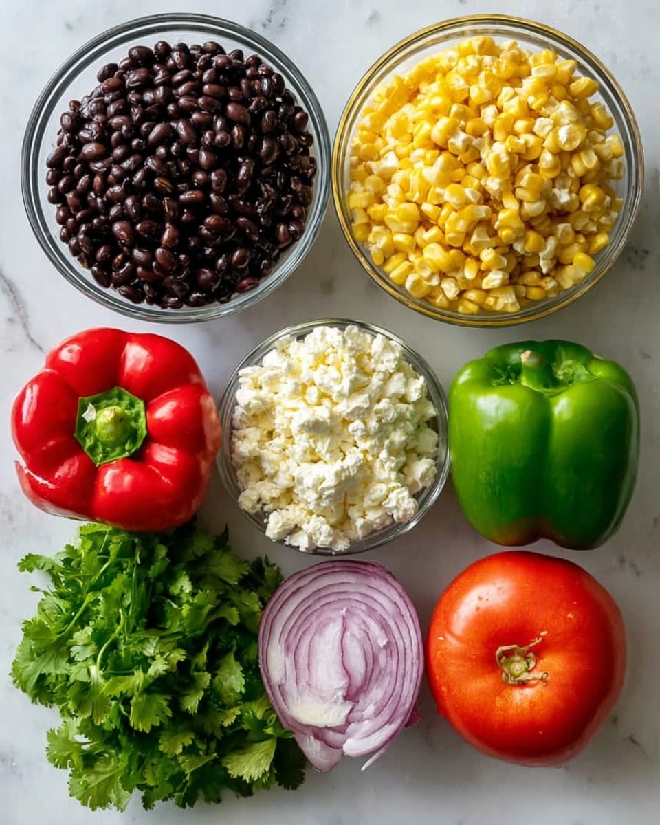 The image shows a white marbled surface with eight ingredients neatly arranged. At the top left is a clear glass bowl filled with shiny black beans, and to the right of it is another clear glass bowl filled with yellow corn kernels. Below them in the center is a smaller clear glass bowl full of white crumbled cheese. Around the bowls are fresh vegetables: a bright red bell pepper on the left, a green bell pepper on the right, a halved red onion with rings visible below the red pepper, fresh green cilantro leaves below the cheese bowl, and a ripe red tomato to the right of the cilantro. The colors are bright and natural, and the ingredients are spaced evenly. photo taken with an iphone --ar 4:5 --v 7