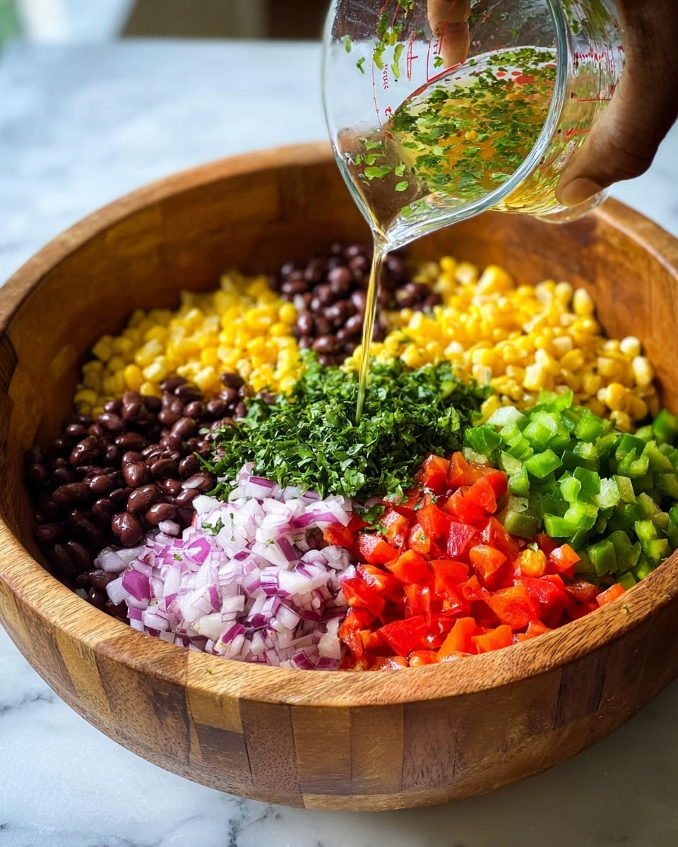 A large wooden bowl holds a colorful salad arranged in separate sections. Starting from the top and going clockwise, there are yellow corn kernels, diced dark red tomatoes, black beans, bright green chopped bell peppers, finely chopped purple-red onions, and finely diced red bell peppers. In the center, there is a pile of chopped fresh green herbs. A woman's hand is pouring a clear liquid from a glass measuring cup over the salad. The background is a white marbled surface. photo taken with an iphone --ar 4:5 --v 7