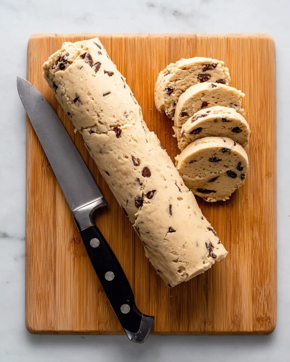 A long log of light beige cookie dough with dark chocolate chips is placed on a wooden cutting board. The dough is partially sliced into five thick round pieces on the right side of the log. Below the dough, there is a large knife with a black handle and silver rivets resting on the board. The wooden cutting board sits on a white marbled surface. photo taken with an iphone --ar 4:5 --v 7