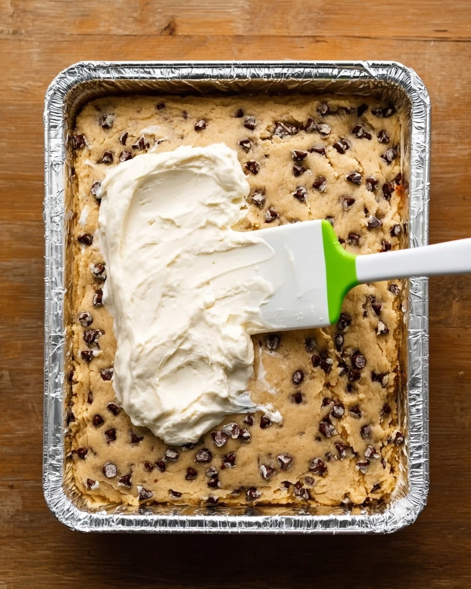 A rectangular metal pan lined with foil holds a single thick layer of raw chocolate chip cookie dough, light brown with scattered dark brown chocolate chips throughout. A white spatula with a green tip is spreading a smooth, thick white frosting over the cookie dough, partially covering the surface. The pan is placed on a white marbled surface. Photo taken with an iphone --ar 4:5 --v 7
