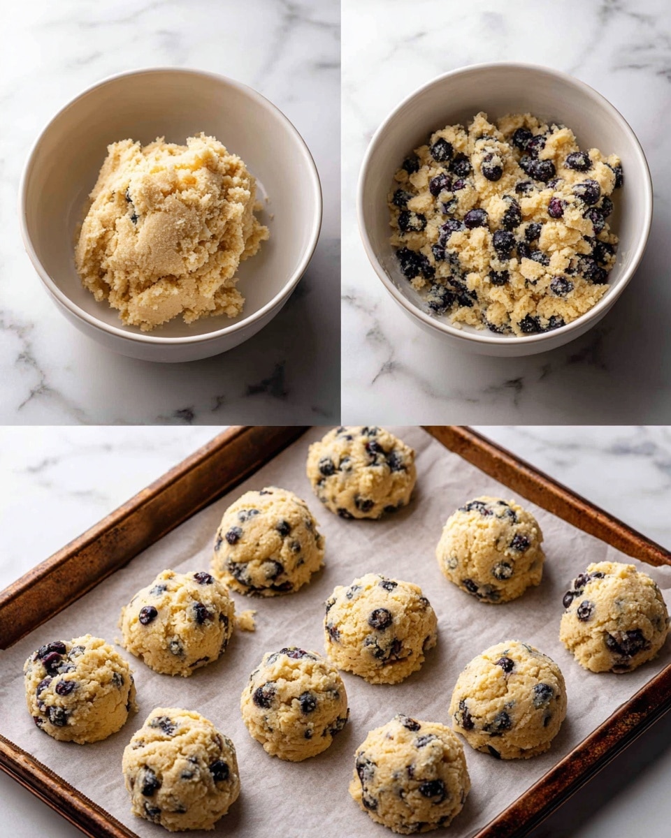 The image is split into four parts showing the step-by-step process of making blueberry cookies. The top left section shows a single large scoop of light beige dough with a rough and crumbly texture in a white bowl on a white marbled surface. The top right section shows the same dough now mixed with small dark blue blueberries evenly spread throughout, still in the white bowl. The bottom left section shows six rounded scoops of the blueberry dough placed spaced apart on brown parchment paper in a white baking tray, with a jar in the top left corner. The bottom right section shows the baked cookies on the parchment paper, each golden with a slightly cracked surface and visible blueberries, still arranged in a similar pattern. The background remains a white marbled surface. Photo taken with an iphone --ar 4:5 --v 7