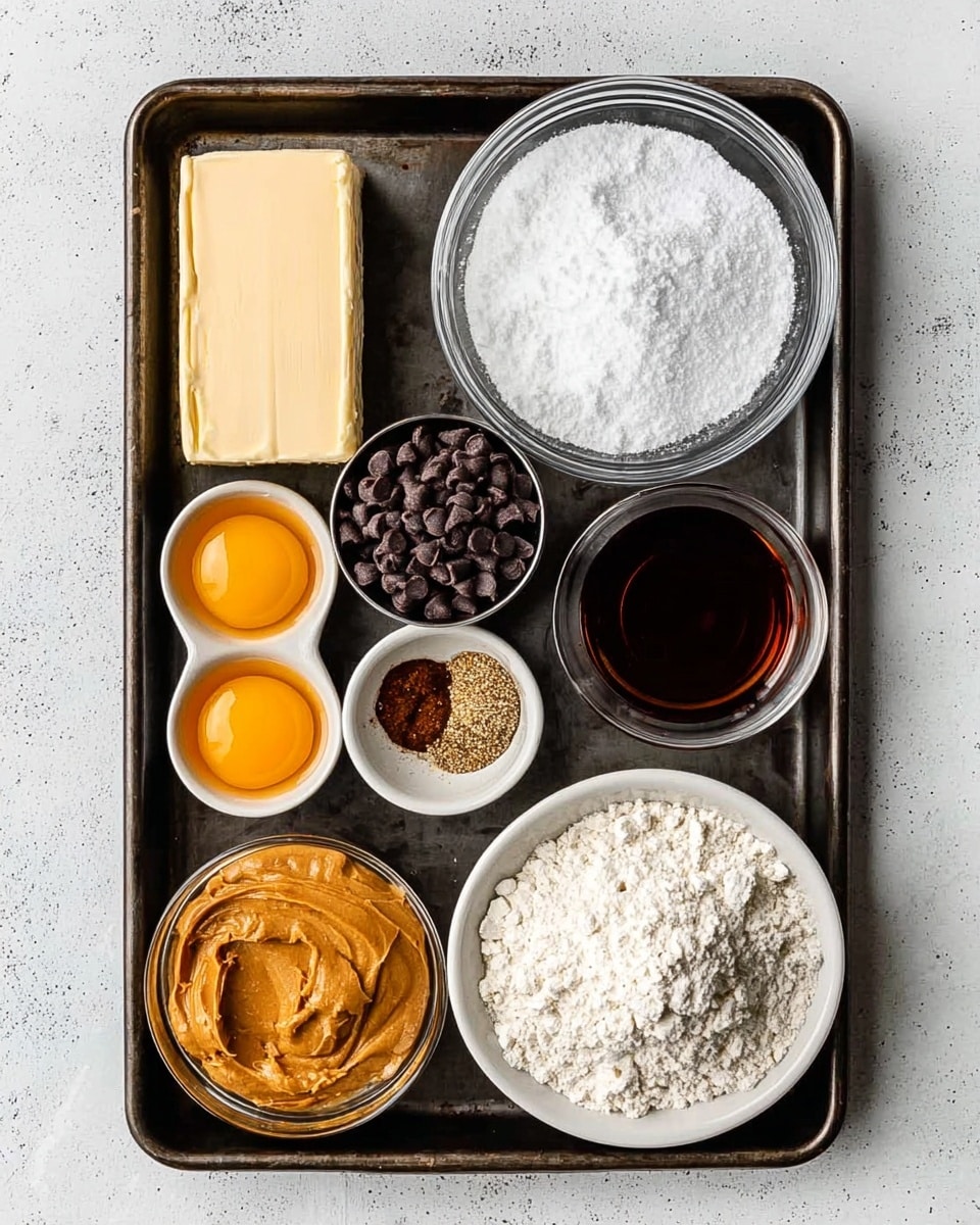 A dark metal baking tray is filled with clear glass bowls holding different ingredients on a white marbled surface. Starting from the top left, there is a rectangular block of light cream butter, next to a large bowl of white granulated sugar. Below the sugar is a small bowl with a dark brown liquid, and to its right is a small white bowl filled with a mix of salt and spices. On the left side of the tray, a bowl contains two bright yellow eggs, below which is a round bowl filled with smooth peanut butter in a light brown shade. Next, a small metal cup holds dark chocolate chips, and finally a large white bowl on the bottom right is filled with white flour. Everything is neatly arranged, with clean textures and colors. Photo taken with an iphone --ar 4:5 --v 7