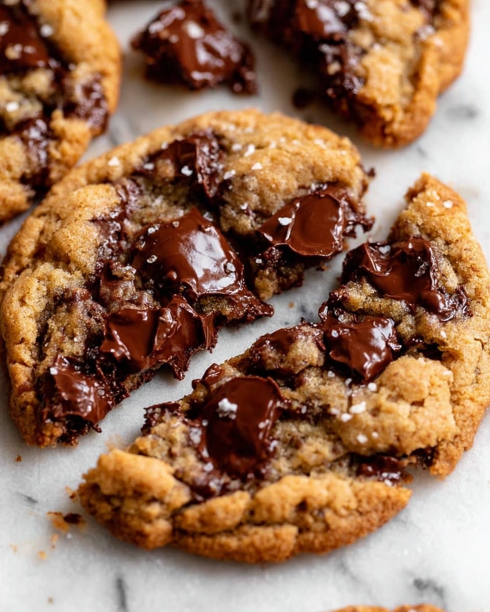 The image shows a close-up view of a cookie broken into pieces, placed on a white marbled surface. The cookie has two visible layers: the base is a golden-brown baked dough that looks soft but slightly crumbly, and the top layer is covered with thick, shiny dark brown melted chocolate chunks scattered unevenly across the surface. The cookie edges are rough and crackly, showing texture and crispiness. Small bits of salt grains are sprinkled on the chocolate, adding a slight shine and contrast. Photo taken with an iphone --ar 4:5 --v 7