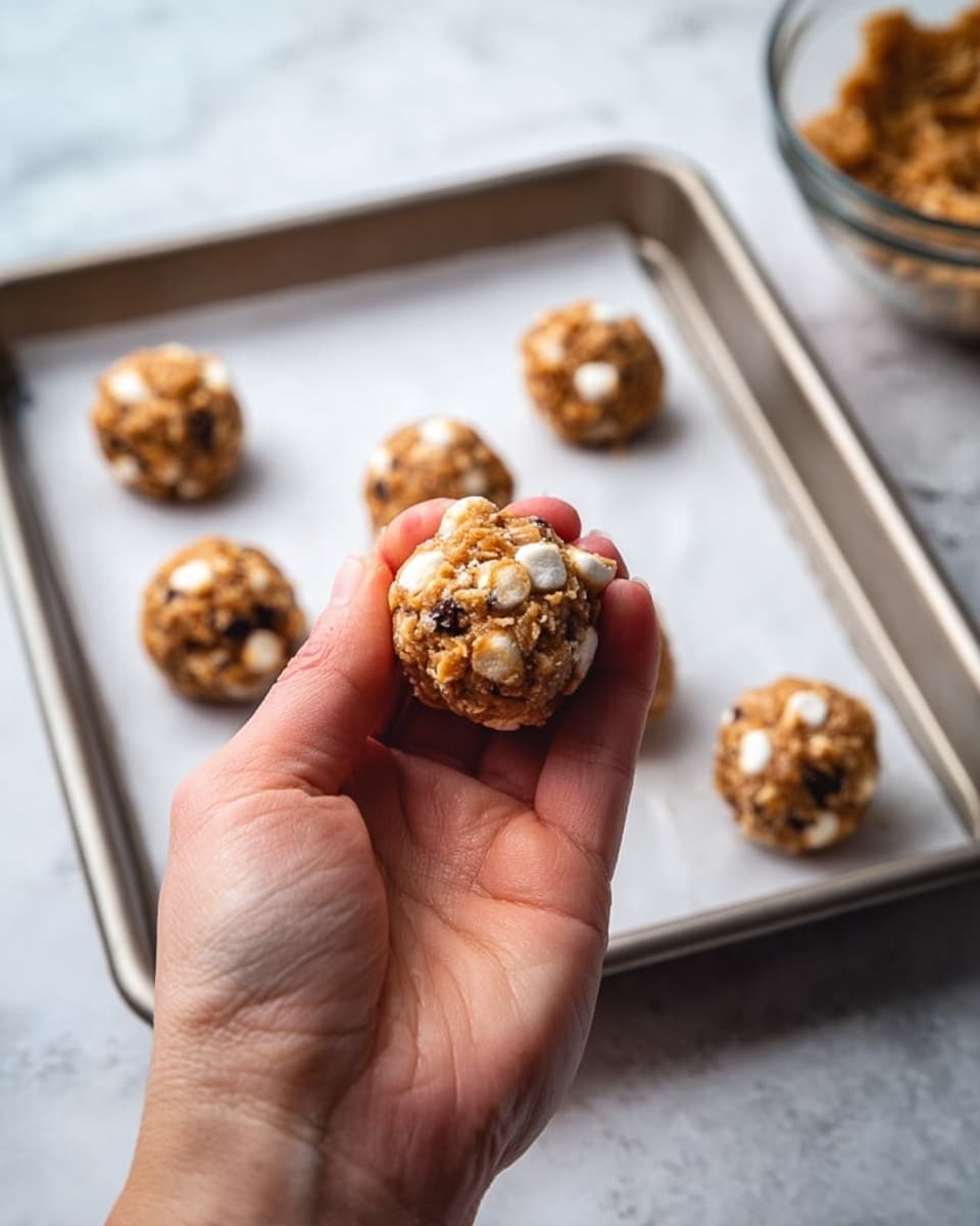 A woman's hand holds a small, round cookie dough ball that is light brown with visible white marshmallows and dark chocolate chips mixed in, showing a rough texture. In the background, there is a metal baking tray lined with white parchment paper, with six more similar cookie dough balls spaced out in two rows. The surface beneath is a white marbled texture. A clear glass bowl with more dough can be partially seen on the right side of the image. Photo taken with an iphone --ar 4:5 --v 7