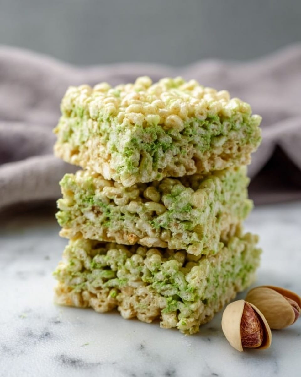 The image shows a stack of three light green crispy rice cereal treats on a white marbled surface. Each treat has a textured look with puffed rice pieces tightly packed together, and the light green color is slightly uneven, giving it a natural, homemade feel. The treats are square-shaped and stacked one on top of the other, with the middle one leaning slightly to the left. Nearby on the surface, there are two pistachios with their shells partially open. In the background, a soft, light grey cloth is slightly blurred for depth. photo taken with an iphone --ar 4:5 --v 7