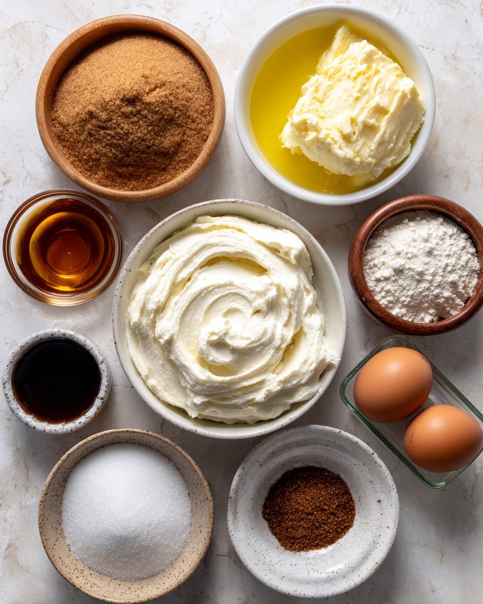 A top-down view of various small bowls arranged on a white marbled surface, each holding a different baking ingredient. At the center is a white bowl filled with smooth, white cream cheese. Above it is a larger white bowl with light yellow melted butter. To the top right, a small wooden bowl holds white baking soda powder. Below it, a white bowl contains a mix of white flour and sugar. Next to it, a speckled bowl holds two brown eggs. Below the cream cheese, there is a small black bowl with coarse white salt. To the left, there is a clear bowl with dark amber vanilla extract. Above it, a white bowl is filled with packed brown sugar, and next to that, a small white ramekin holds a mix of brown spices with a powdery texture. Everything is neatly spaced with clear labels above each bowl. Photo taken with an iphone --ar 4:5 --v 7