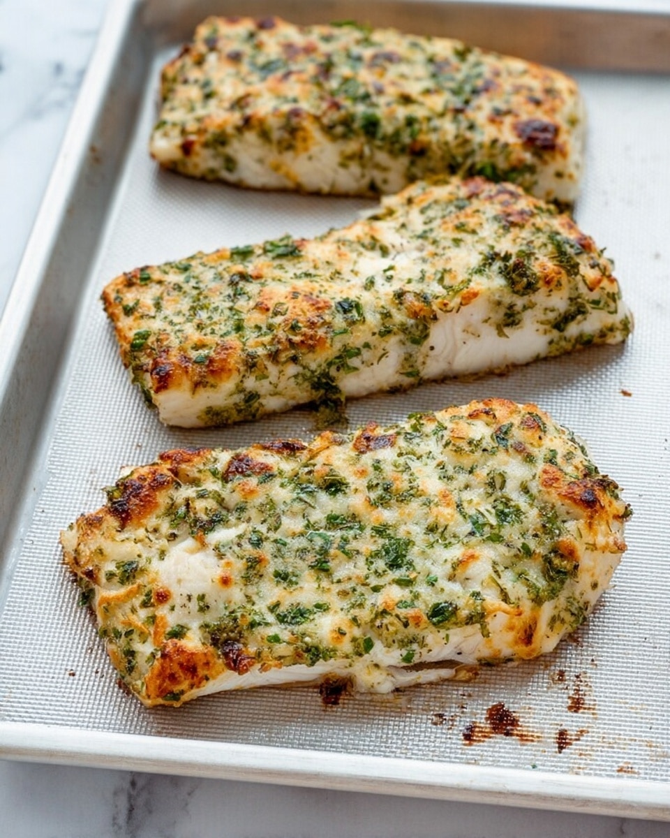 Three pieces of baked fish fillets rest on a light gray baking tray with a white textured mat underneath. Each fillet is covered with a golden-brown melted cheese layer, mixed with green herbs spread evenly on top. The fish fillets have a soft white texture visible along the sides, with some browned spots on the herb and cheese topping, showing a crispy finish. The tray has slight browned marks along the edges, adding a fresh-from-the-oven feel. The background shows a white marbled texture surface. photo taken with an iphone --ar 4:5 --v 7