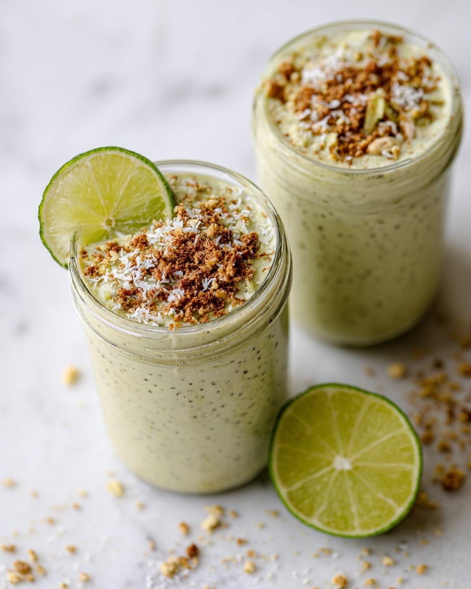 Two clear glass jars filled with a creamy, light green smoothie mix that has small dark specks throughout. Each jar is topped with a sprinkle of brown crumbs and white flakes, and a fresh lime wedge placed on the edge of the jars. A halved lime lies on a white marbled surface next to the jars, with small crumbs scattered around. The image is close-up with soft lighting, showing texture and color clearly. photo taken with an iphone --ar 4:5 --v 7