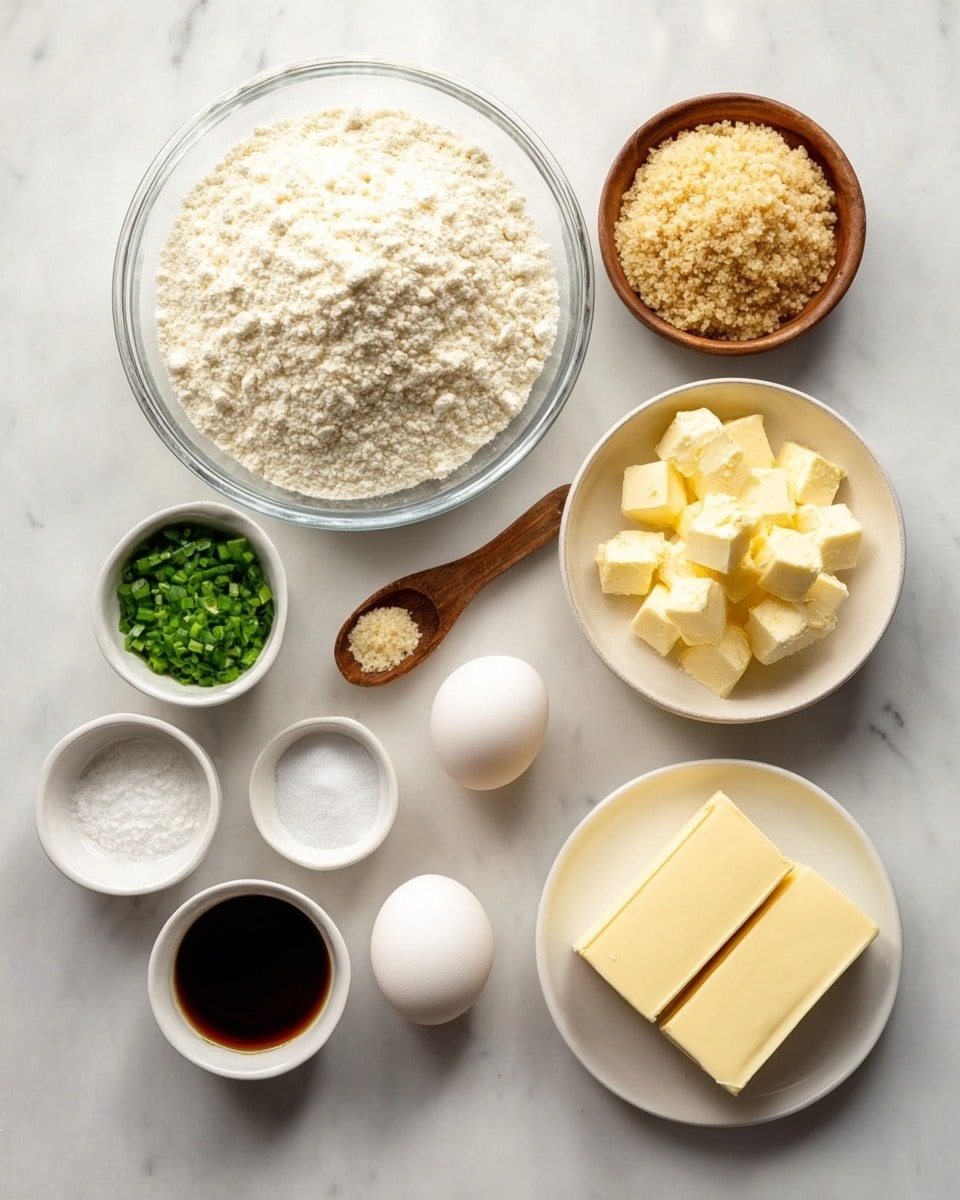 The image shows nine separate bowls and plates of ingredients arranged neatly on a white marbled surface. A large clear glass bowl in the center holds a mound of fine white flour. To the top right, a small white bowl contains light brown crushed crumbs. Below that, a wooden spoon-shaped bowl holds small, pale off-white cubes of butter or cheese. Near the bottom right, a plain white plate has two thick sticks of pale yellow butter next to a single white egg. To the left of the egg, a small white bowl contains bright green chopped herbs. Three small white bowls surround the flour, one holds coarse white salt, another has fine white powder, and the third is empty. At the bottom left is a tiny white bowl filled with a dark brown liquid. The scene is bright with soft natural light highlighting the different textures and colors of the ingredients. Photo taken with an iphone --ar 4:5 --v 7