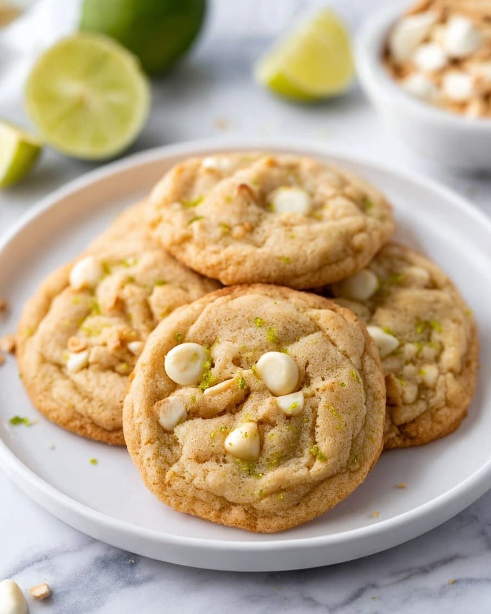 A white plate holds five soft cookies arranged in a slightly overlapping circle. The cookies are light golden brown with a soft texture, dotted with white chocolate chips and small green lime zest bits. The plate sits on a white marbled surface. In the background, there are blurred lime wedges and a bowl with round white items, likely macadamia nuts, and some beige spread, adding to the fresh and light mood. photo taken with an iphone --ar 4:5 --v 7