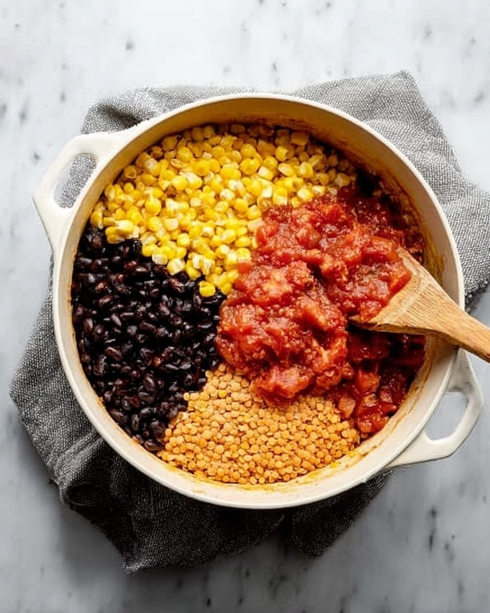 A white round pot contains four separate layers of food placed in a circle inside. Starting from the top left going clockwise, there is bright yellow corn, red chunky tomato sauce with pieces, black beans with a shiny texture, and light orange dry lentils in the middle overlapping other layers slightly. A wooden spoon rests on the right side touching the tomato sauce layer inside the pot. The pot sits on a soft gray cloth on a white marbled surface. Photo taken with an iphone --ar 4:5 --v 7
