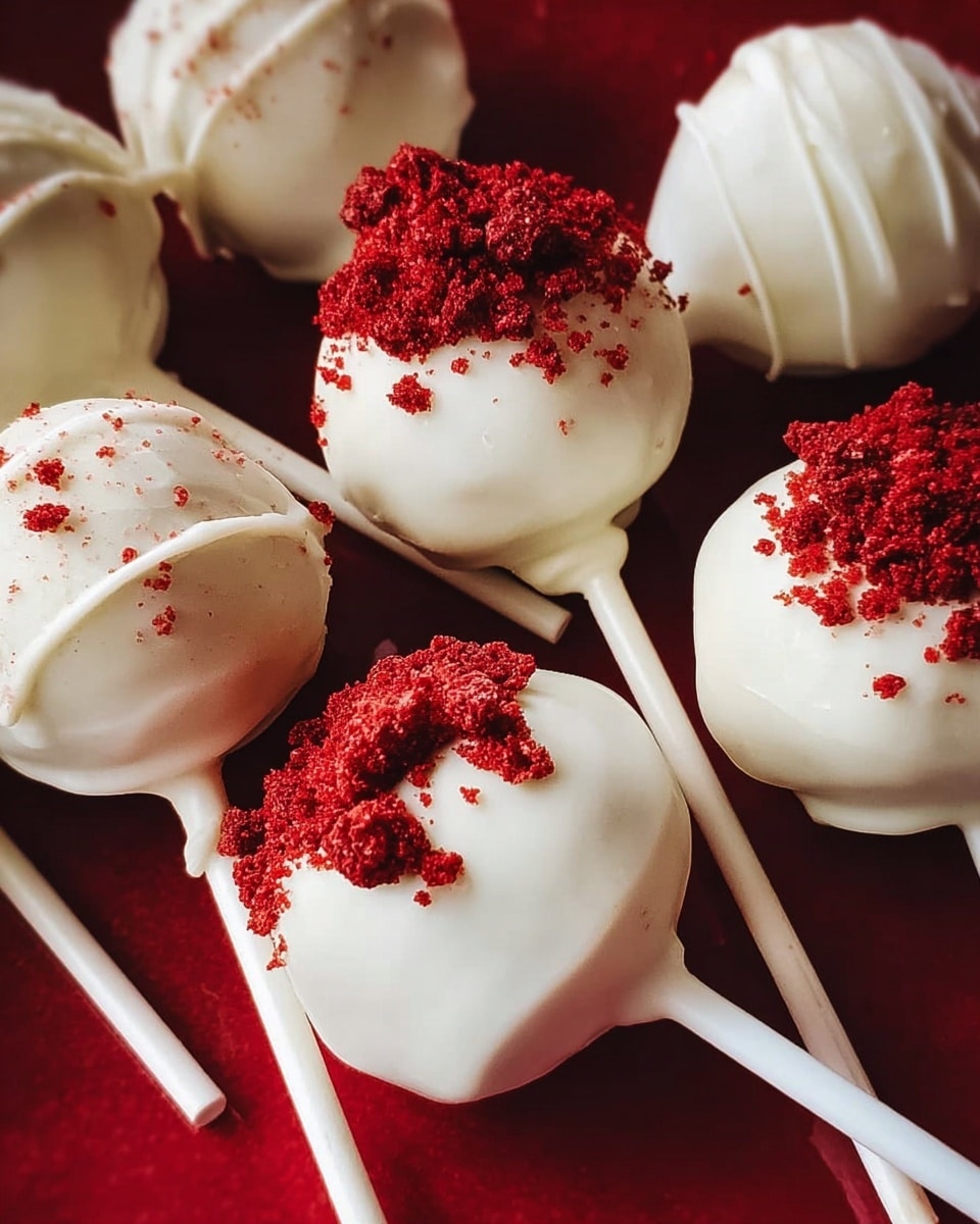 The image shows several round cake pops on white sticks, covered in smooth white coating. Some cake pops are plain white with a shiny, slightly textured surface, while others are decorated with bright red crumbled topping on the top half, adding a rough texture and vibrant color contrast. The cake pops are laid on a red surface with a soft texture. photo taken with an iphone --ar 4:5 --v 7