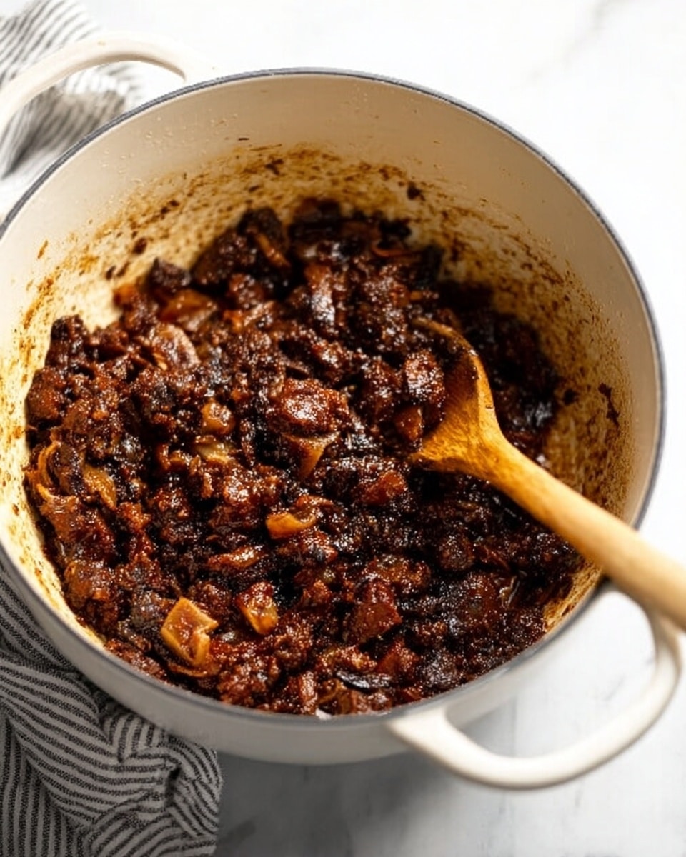 A white pot contains a thick, dark brown mixture of cooked small chunks and soft bits with a slightly oily texture. A wooden spoon rests inside the pot, scooping some of the rich, dense mixture. The pot is set on a white marbled surface, and a white and dark striped kitchen towel lies nearby. The lighting softly highlights the mix’s texture and deep colors, showing some caramelized edges and moist pieces. photo taken with an iphone --ar 4:5 --v 7