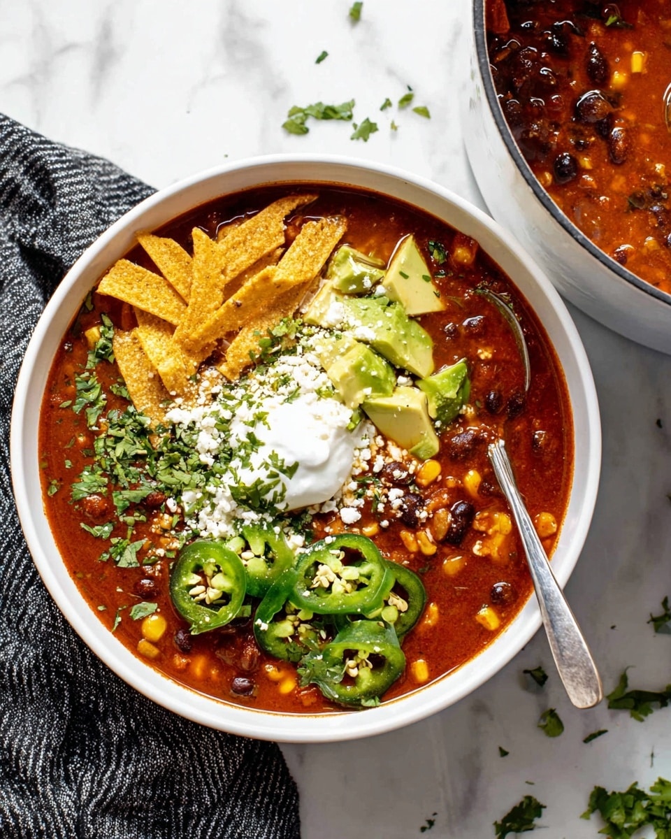 A white bowl is filled with thick red chili soup loaded with black beans and corn. On top, there are several layers: bright green sliced jalapeños on the right side, fresh light green avocado slices below the jalapeños, and sprinkled white crumbled cheese scattered over the surface. A big dollop of white sour cream sits in the center, surrounded by golden-brown crispy tortilla strips. Fresh green chopped herbs are spread over the chili and around the bowl on the white marbled surface. A spoon stands inside the bowl on the left side. Part of a white pot with more chili is visible in the top right corner, and a black and white striped cloth is placed to the left side. photo taken with an iphone --ar 4:5 --v 7