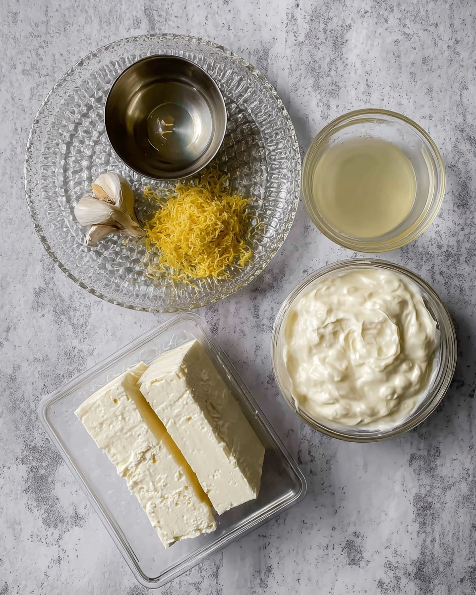The image shows several ingredients arranged on a white marbled surface. There is a clear textured plate on the top left holding a small metal bowl with a clear liquid, a small pile of yellow shredded zest, and a single clove of garlic. Below this plate, there is a clear plastic container with two thick rectangular pieces of white cheese. To the right of the cheese, there is a small clear bowl filled with smooth, creamy white yogurt or sour cream. Above the yogurt, there is another small clear bowl containing a light yellow liquid, possibly juice. photo taken with an iphone --ar 4:5 --v 7