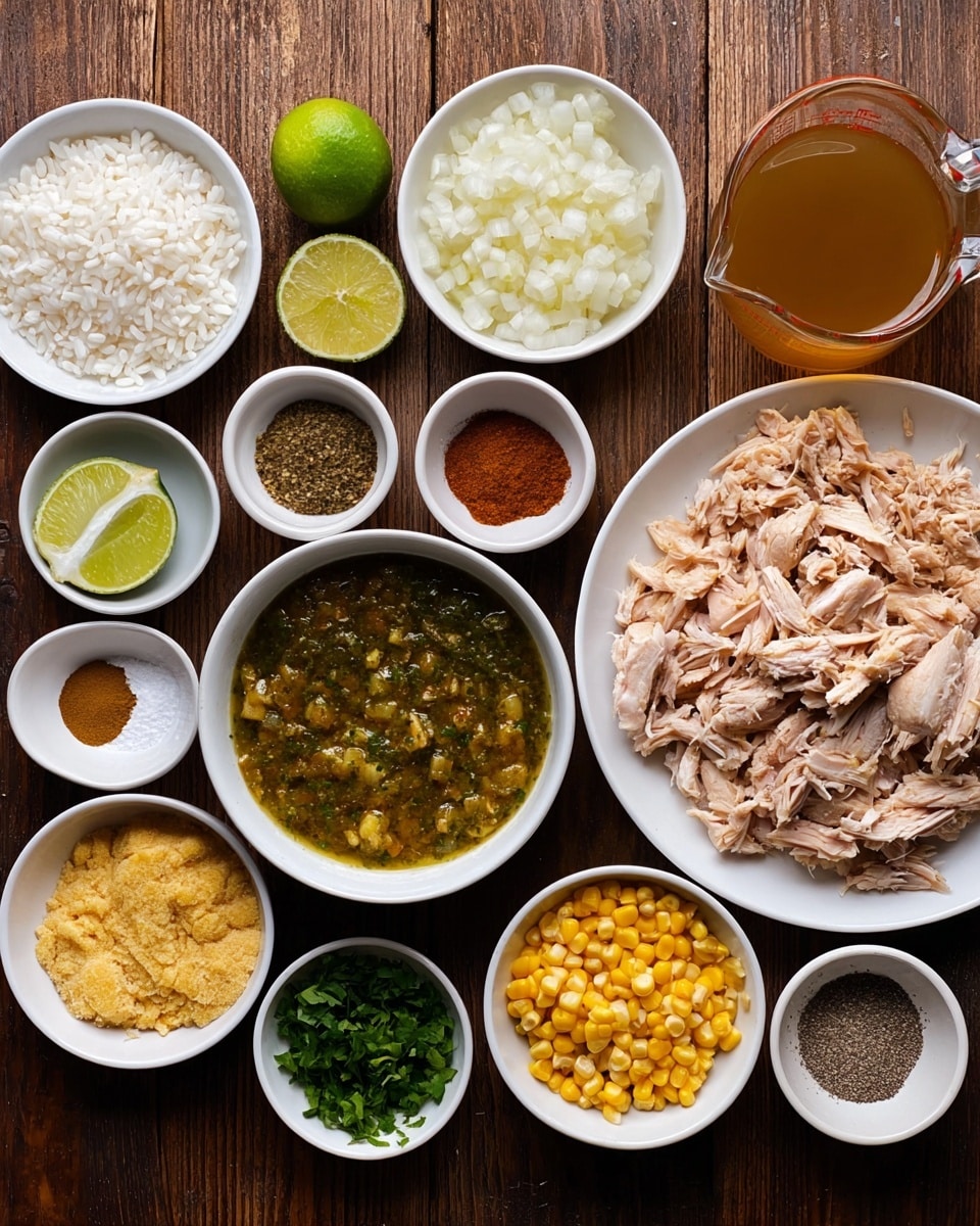 The image shows a top-down view of many small white bowls and one white plate arranged on a brown wooden surface. The white plate at the top right holds shredded light pink cooked chicken pieces. Surrounding it are small white bowls with various ingredients: one bowl has white rice grains, another has chopped white onions, one contains yellow corn kernels, and another has a green sauce with herbs, thick in texture, placed near the center. There are small bowls with ground spices in brown, red, and gray colors, and one with fresh green chopped herbs. A lime and a small mound of grated yellow ginger sit near the top left. A clear glass measuring jug filled with light brown liquid is on the bottom right, and a small glass pitcher of water sits near the top center. The entire setting is on a brown wooden surface with no extra layers. Photo taken with an iphone --ar 4:5 --v 7