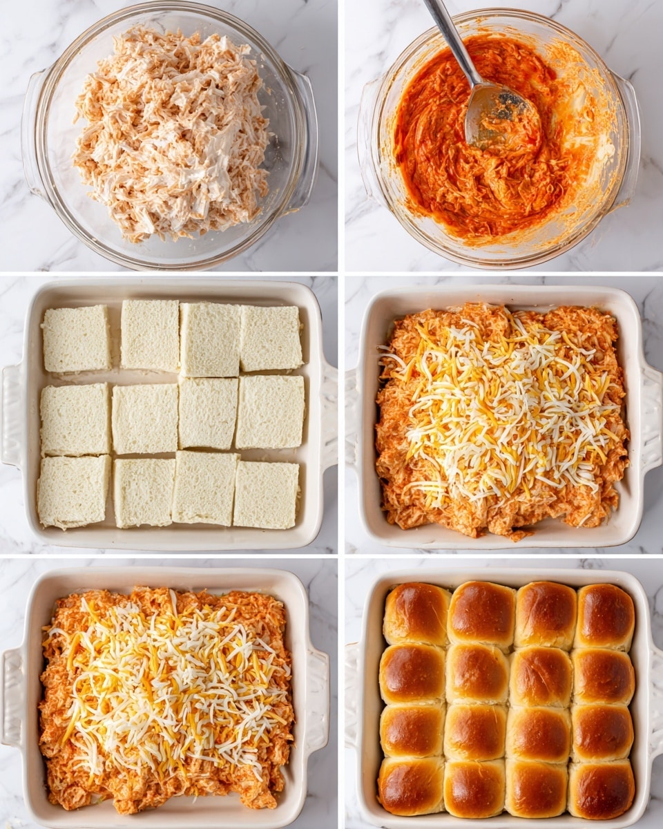The image shows six steps of making a layered dish in a white rectangular baking dish on a white marbled surface. The first frame shows shredded chicken, white sauce, and bright red sauce in a clear glass bowl with a spatula. In the second frame, the sauces and shredded chicken are mixed to create a smooth pinkish-orange mixture in the same bowl. The third frame displays the white baking dish lined with a single layer of square white bread pieces tightly packed side by side. The fourth frame has the pinkish-orange chicken mixture evenly spread on top of the bread layer. The fifth frame adds a thick, even layer of shredded cheese in white and yellow on top of the chicken mix, covering it completely. The sixth frame shows the dish topped neatly with golden brown baked slider buns arranged in a grid, completing the layered look photo taken with an iphone --ar 4:5 --v 7