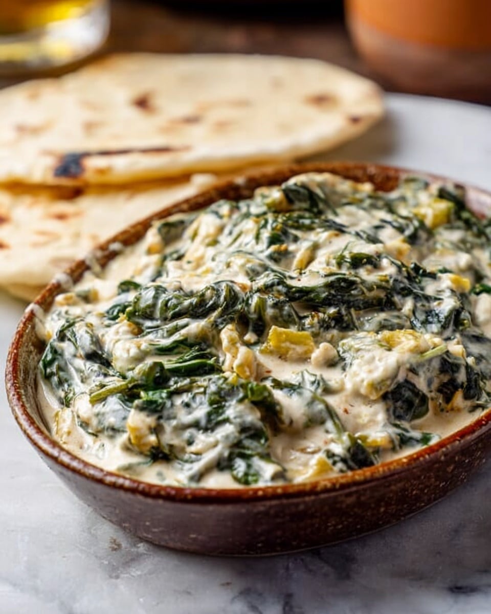 A large white bowl filled with a creamy dish made of various green leafy vegetables covered in a thick white sauce with small yellow pieces scattered throughout. The texture looks smooth and rich, with layers of greens slightly visible under the sauce. The bowl is placed on a white marbled surface, with two flatbreads that have light brown spots resting nearby. The background is blurred but suggests a casual setting with faint colors. Photo taken with an iphone --ar 4:5 --v 7