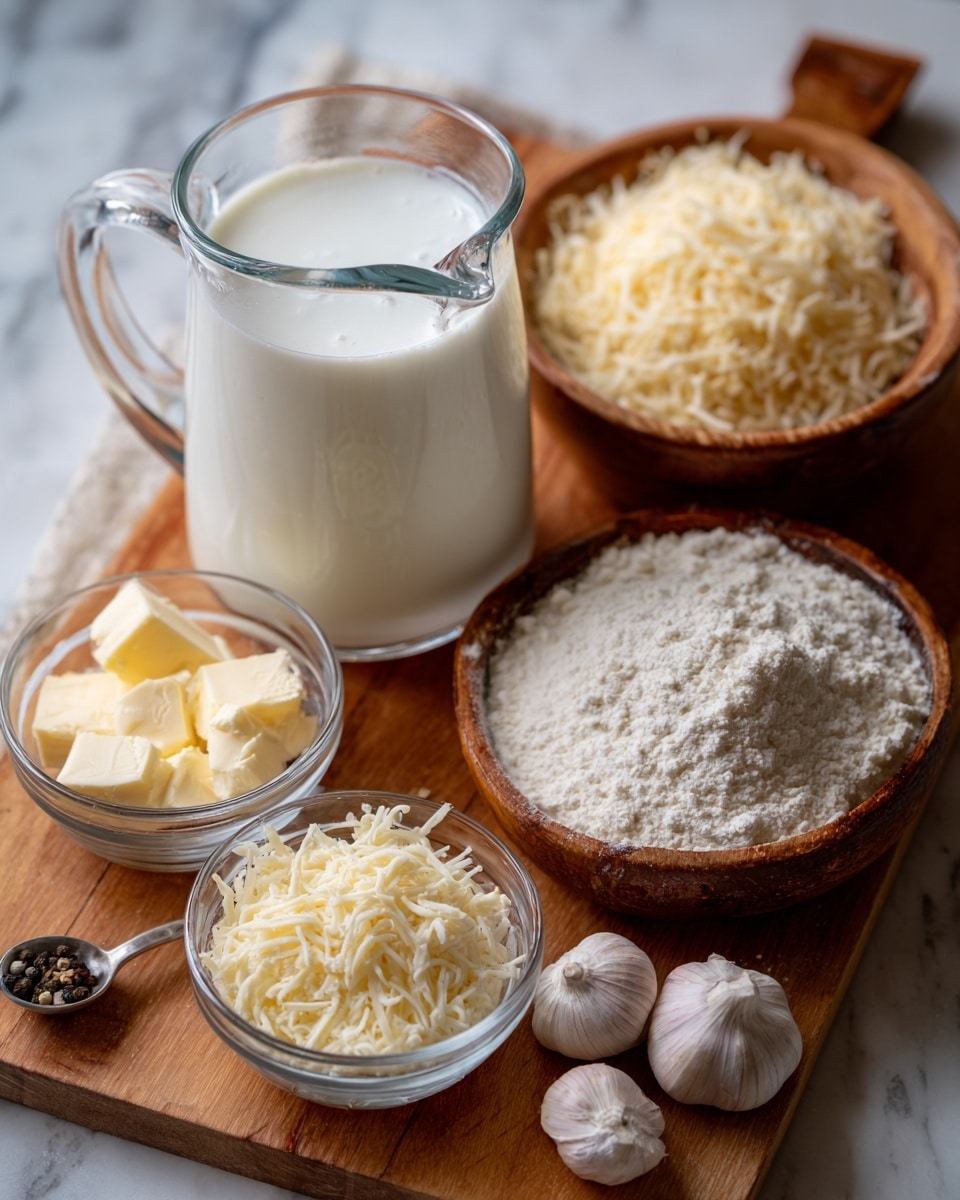 A glass measuring cup filled with white milk sits in the center on a wooden surface, surrounded by small clear bowls of light yellow butter and white flour. A wooden bowl with white salt and black pepper is positioned next to a silver measuring spoon full of shredded pale yellow cheese. Two whole garlic cloves rest nearby. The background is a white marbled texture photo taken with an iphone --ar 4:5 --v 7