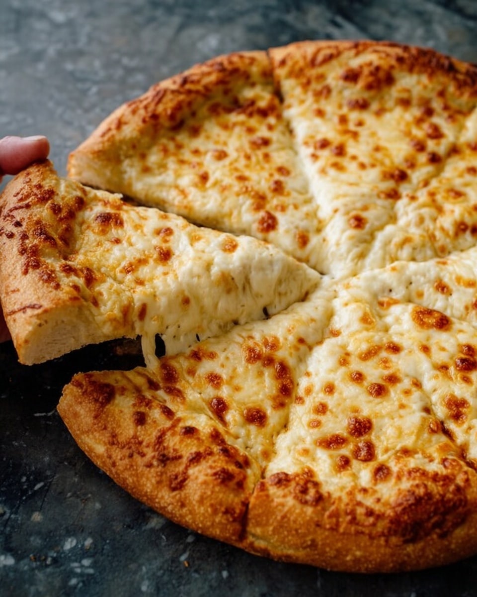 A cheese pizza with one slice being gently lifted by a woman's hand. The pizza has a thick, golden-brown crust that looks soft and fluffy. The cheese layer is creamy white, melted evenly over the entire surface, with small browned spots showing it is baked well. The cheese stretches slightly from the main pizza to the slice being lifted. The pizza sits on a dark surface, now changed in description to a white marbled texture, making the colors of the pizza stand out. Photo taken with an iphone --ar 4:5 --v 7