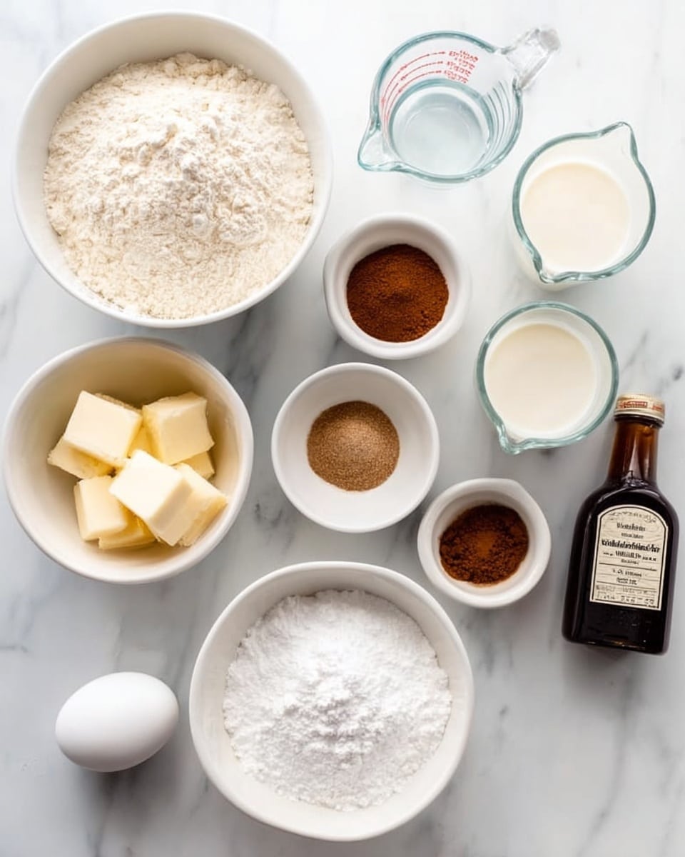 The image shows various baking ingredients arranged neatly on a white marbled surface. There is a large white bowl filled with flour at the top left, a glass measuring cup with a clear liquid next to it, and another glass measuring cup with milk to the right. Below them, there are three smaller white bowls: one with a fine white powder, one with a brown spice, and one with granulated sugar. A small white bowl in the center holds three small cubes of butter. In the bottom left is a large white bowl filled with powdered sugar. To the right of the butter is a single white egg, and next to it is a dark bottle of vanilla extract with a label. All items are spaced out clearly and shown from above, photo taken with an iphone --ar 4:5 --v 7