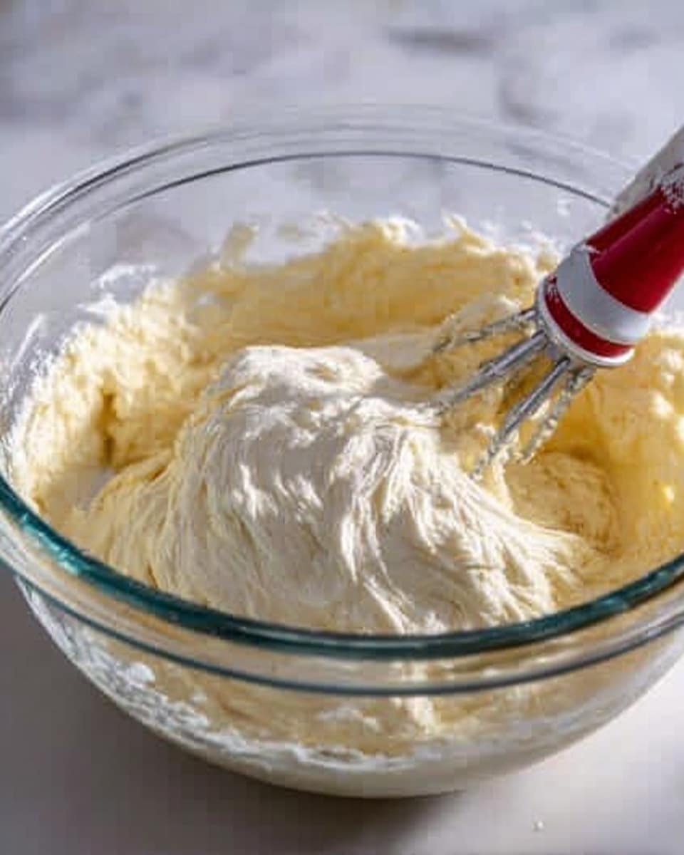 A large clear glass bowl filled with a creamy yellow batter at the bottom and a thick layer of white creamy mixture on top, slightly swirled. A silver hand mixer with red and white handle is partly submerged in the batter on the right side of the bowl. The bowl sits on a white marbled surface with soft natural light coming from the right side. Photo taken with an iphone --ar 4:5 --v 7