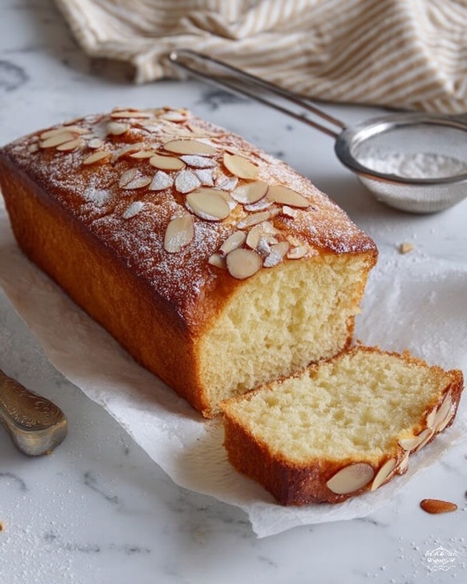 A loaf of golden brown bread sits on a piece of white parchment paper on a white marbled surface. The bread is topped with sliced almonds and a light dusting of powdered sugar, giving a soft, textured look to the crust. One slice of the bread is cut and placed leaning against the loaf, showing a soft, pale yellow inside with a smooth, slightly dense texture. There are some loose slices of almonds scattered near the loaf, and a small metal sifter filled with powdered sugar sits in the background along with a beige and white striped cloth. Photo taken with an iphone --ar 4:5 --v 7