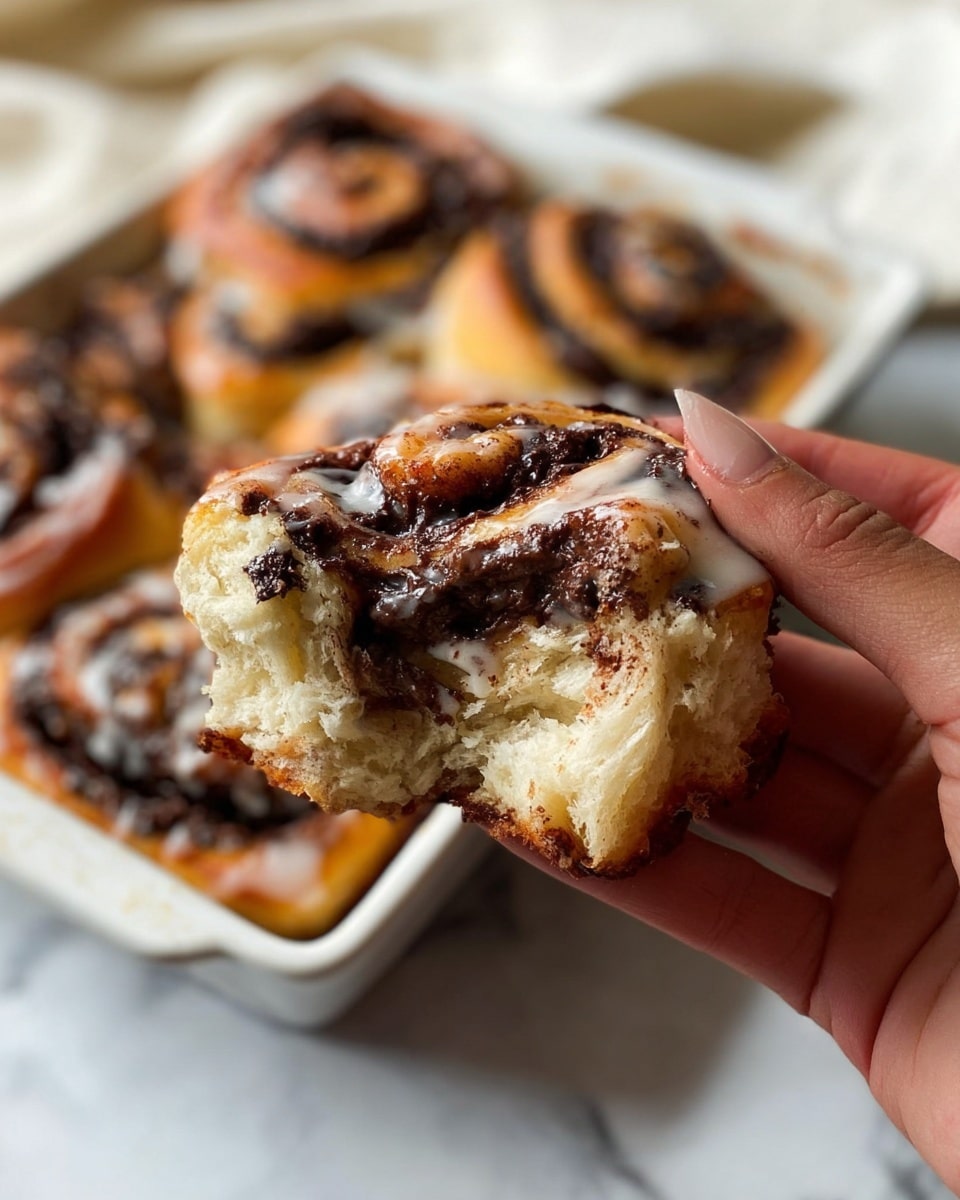 A freshly baked cinnamon roll is pulled apart by a woman's hand, showing three main layers: the soft, light tan dough on the outside, a thick dark brown melted chocolate filling in the middle, and a slightly cracked white glaze on top. The cinnamon roll looks warm and gooey with visible swirls of dough and chocolate. In the background, there is a white baking dish holding more cinnamon rolls, all placed on a white marbled surface. The focus is close on the torn cinnamon roll, emphasizing its soft texture and rich filling photo taken with an iphone --ar 4:5 --v 7