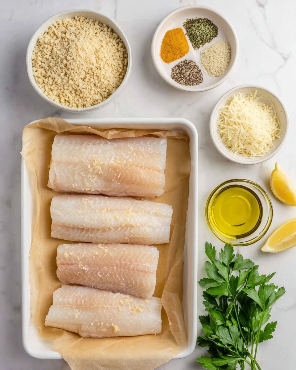 The image shows four raw fish fillets laid neatly in a parchment-lined white tray at the center bottom. To the top left is a white bowl filled with coarse, light tan breadcrumbs. To the top right, a white bowl is divided into four sections with different spices, including a yellow powder, a green herb mix, a black powder, and a light beige powder. Below that bowl, a small white bowl contains finely grated pale yellow cheese. To the bottom right of the cheese is a clear glass container filled with light yellow olive oil. At the bottom right corner, fresh green parsley leaves rest on the white marbled surface. Two lemon wedges appear at the far left side on the white marbled surface. The setting is bright and clean. Photo taken with an iphone --ar 4:5 --v 7