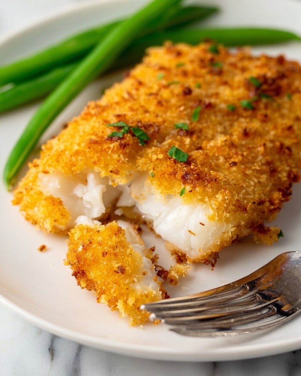 A piece of golden brown breaded fish fillet with a crunchy texture lies on a white plate, partially torn to show the soft, white fish inside. The fish is slightly flaky and tender, topped with small green herb bits. Two smooth, fresh green beans rest on the side of the plate, adding a bright green contrast. A silver fork is positioned near the fish on the plate, suggesting readiness to eat. The background is a white marbled surface. Photo taken with an iphone --ar 4:5 --v 7