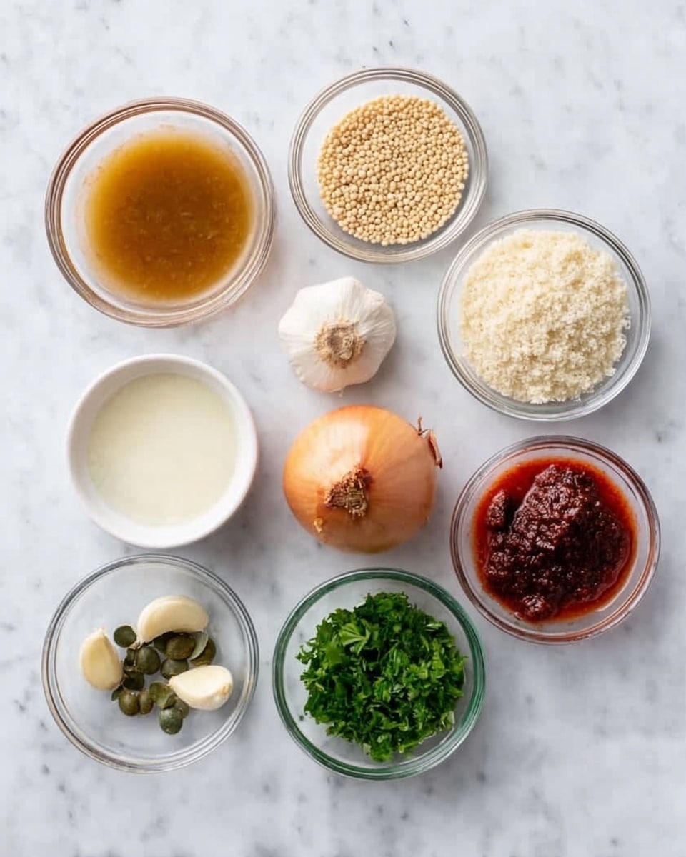 The image shows a white marbled surface with nine small glass bowls and a half onion laid out in a grid. In the top row, there is a bowl filled with a light brown liquid, a bowl with small round beige grains, and a bowl with a white powdery substance. The middle row includes a bowl of white liquid on the left, the half onion in the middle, and a bowl with a dark thick paste on the right. The bottom row has three bowls: the left bowl contains three cloves of garlic and green seeds, the middle bowl holds a bright red paste, and the right bowl is filled with chopped fresh green herbs. Photo taken with an iphone --ar 4:5 --v 7