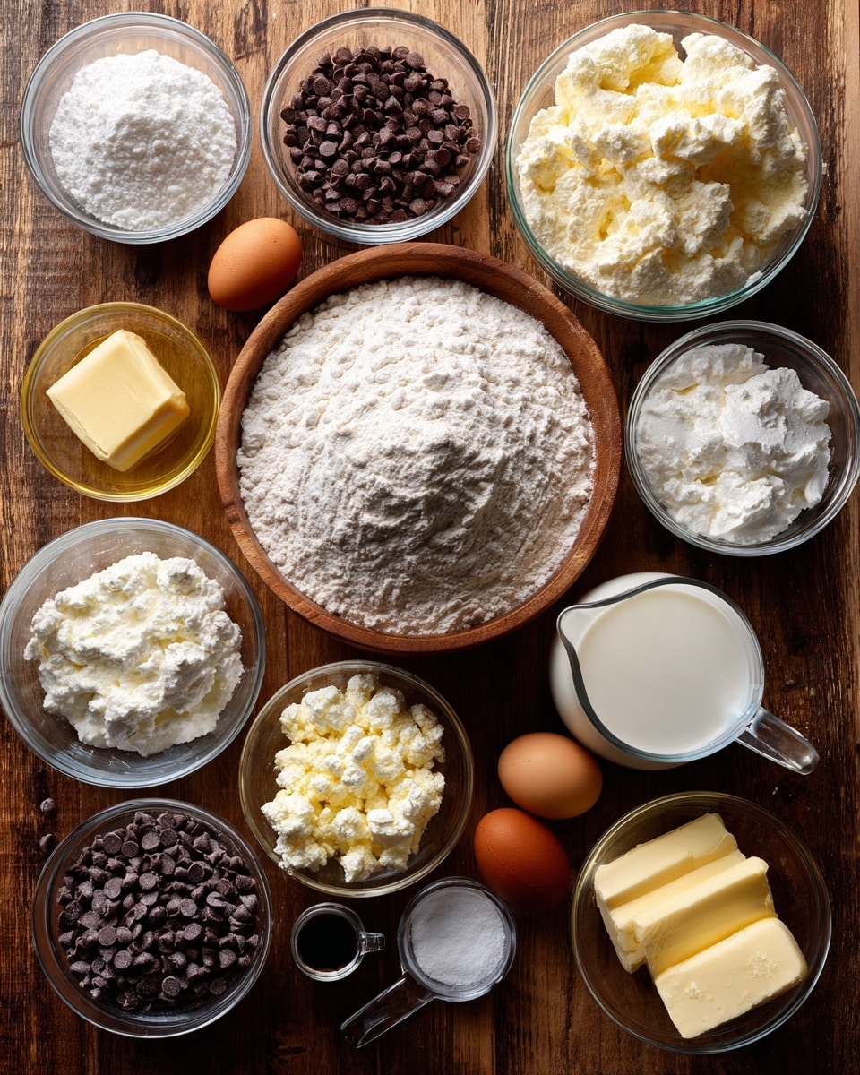 The image shows a wooden table with several clear glass bowls and measuring cups filled with different baking ingredients. In the center, a large bowl of white flour is surrounded by smaller bowls containing white powdered sugar, white ricotta cheese, white cream cheese, and light yellow butter. There are two eggs in a small bowl, a small bowl of light yellow oil, and a small bowl filled with dark mini chocolate chips and another with dark chocolate chips. A small container of white salt and a measuring cup filled with white milk are also present. A small bowl of dark vanilla extract is near the center. Each ingredient is labeled with bold black text on white rectangles. photo taken with an iphone --ar 4:5 --v 7