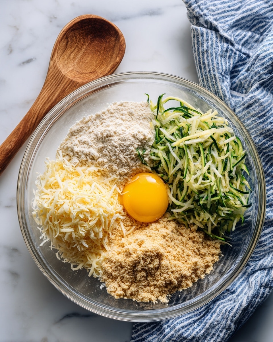 A clear glass bowl on a white marbled surface holds five separate piles of ingredients: at the top right is shredded green zucchini, at the top left is a beige powder, at the bottom left is a mix of shredded white and yellow cheese, at the bottom right is a light tan powder, and in the center is a bright yellow egg yolk. A wooden spoon rests behind the bowl and drapes of a blue and white striped cloth are visible on the right side. photo taken with an iphone --ar 4:5 --v 7