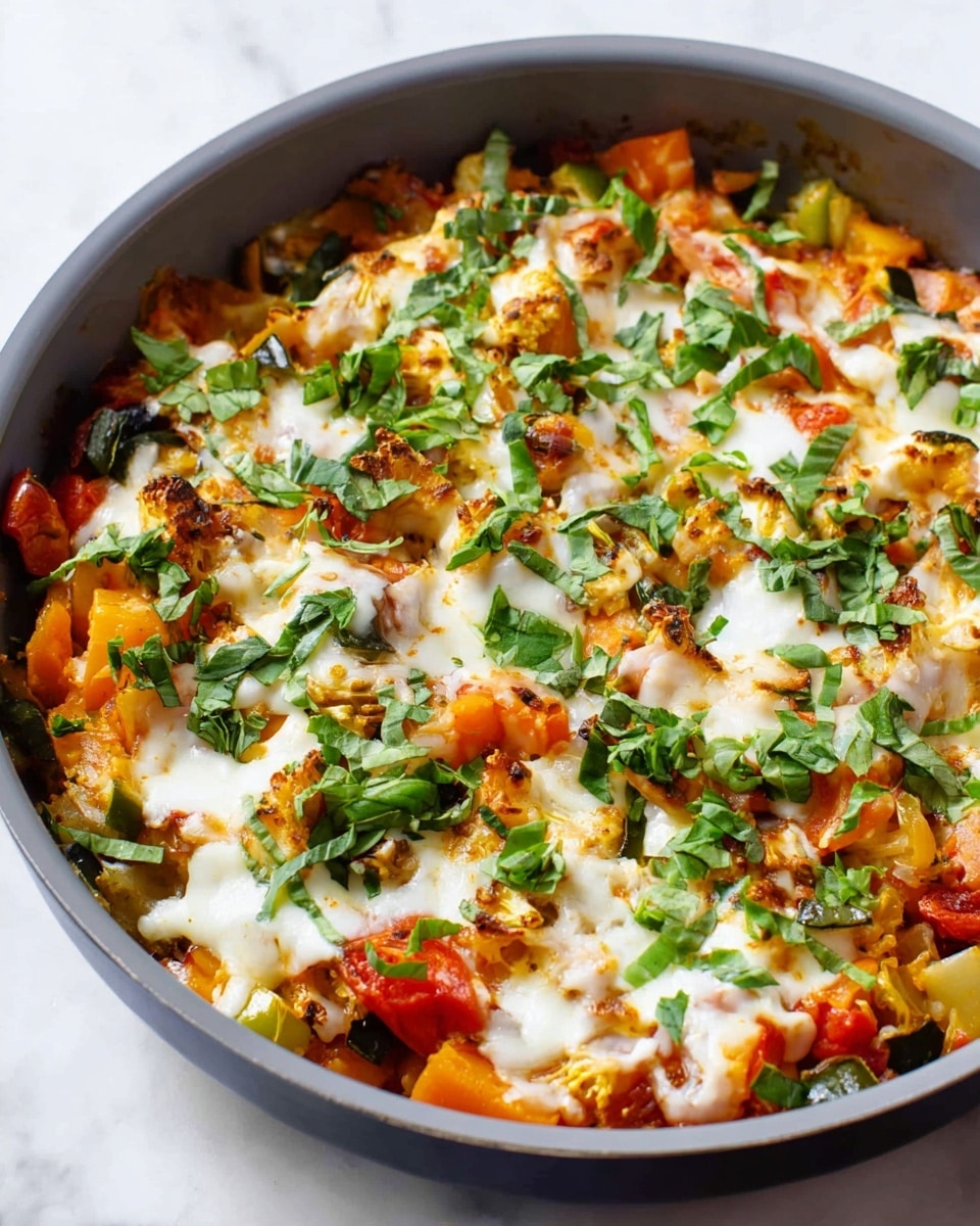 A gray pan filled with a colorful vegetable dish with about three layers: the bottom layer is a mix of cooked diced orange, green, and white vegetables, the middle layer shows melted white cheese spread unevenly over the vegetables with some golden brown spots, and the top layer consists of chopped fresh green herbs scattered across the dish. The pan sits on a white marbled surface. photo taken with an iphone --ar 4:5 --v 7