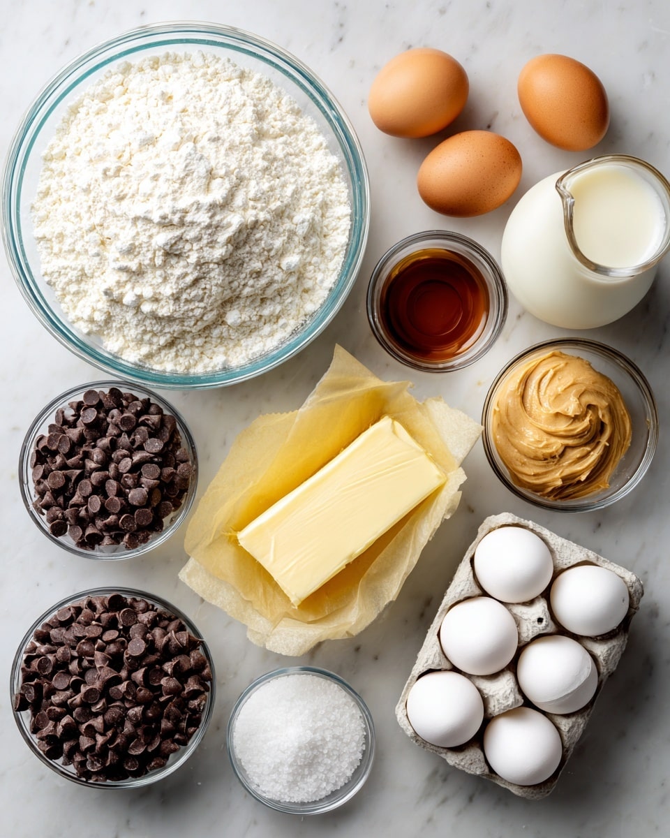 The image shows an overhead view of various baking ingredients neatly arranged on a white marbled surface. There is a large glass bowl filled with white all-purpose flour on the left side, with smaller bowls around it containing vanilla extract, white baking powder and salt, large chocolate chips, mini chocolate chips, powdered sugar, creamy peanut butter, white sugar, and a small glass pitcher of milk. In the center, an egg tray holds six white eggs, and below it, a stick of butter wrapped in yellow paper lies horizontally. Each ingredient is clearly labeled with simple black text above or next to the bowls and containers. photo taken with an iphone --ar 4:5 --v 7