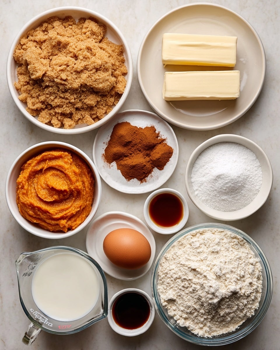 The image shows nine separate white dishes arranged neatly on a white marbled surface. At the top center, there is a bowl filled with light brown crumbly brown sugar. To its left is a small plate with three piles of brown cinnamon powder. To the right of the sugar bowl is a dish with two rectangular blocks of pale yellow butter. Below the sugar, a bowl contains smooth bright orange pumpkin puree. Beneath that is a small white cup holding a whole brown egg. To its left is a plate with white baking powder and salt. Next to the pumpkin puree on the right sits a bowl of white granulated sugar. Below the sugar bowl is a small dish filled with dark brown vanilla extract. At the lower right corner is a clear glass bowl overflowing with white flour. At the lower left corner is a clear measuring cup with white milk. photo taken with an iphone --ar 4:5 --v 7