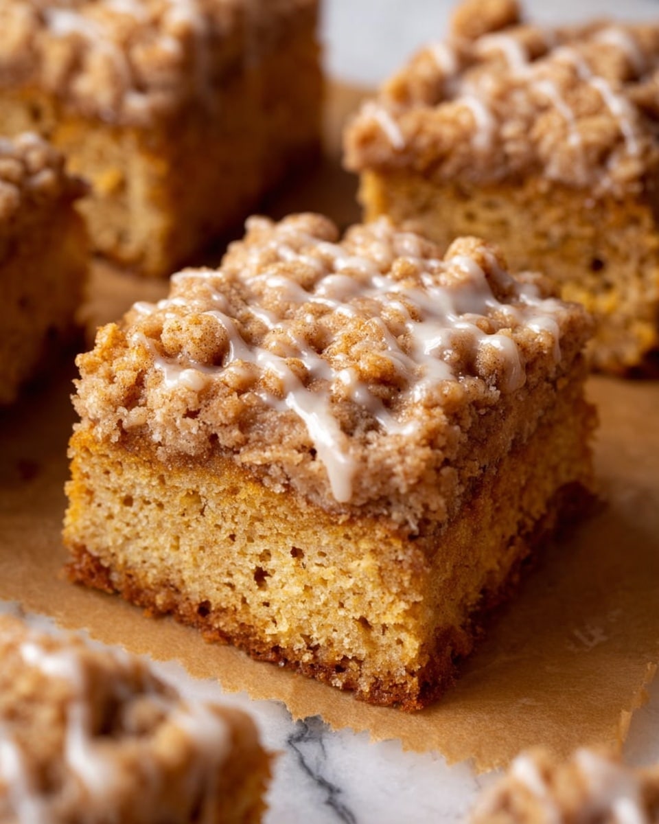 A close-up view of a square piece of layered cake with two main layers; the bottom layer is a moist, soft, light brown sponge texture with small air holes, and the top layer is a crumbly, light tan streusel topping with a glossy, slightly creamy glaze drizzled unevenly over it. The cake piece is surrounded by similar cake squares out of focus, all placed on a sheet of light brown parchment paper, set against a white marbled texture. photo taken with an iphone --ar 4:5 --v 7