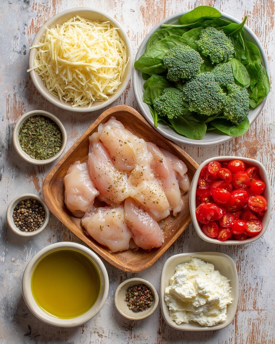 The image shows fresh raw chicken pieces placed on a small wooden tray in the center. Around them are small white bowls and dishes filled with various ingredients: bright green broccoli florets in an oval bowl at the top right, fresh green spinach leaves in a square bowl on the right, and red halved cherry tomatoes in a square bowl on the left. There are piles of shredded pale yellow cheese in a round bowl on the top left and white cream cheese in a round bowl at the bottom right. A small bowl with olive oil with a golden shine is at the bottom left, while three small white bowls contain ground black pepper, minced garlic, and dried herbs scattered evenly in the image. The setup is placed on a white marbled surface with a mix of soft pastel tones and worn wooden plank patterns, and a woman's hand is not visible. photo taken with an iphone --ar 4:5 --v 7