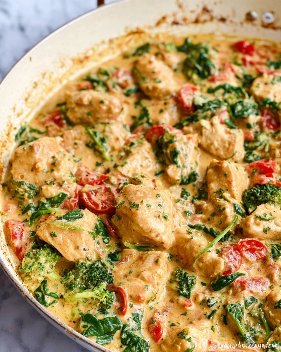 This image shows a close-up of a creamy dish with about three main layers: large light beige chicken pieces, bright green broccoli florets, and small red tomato chunks, all mixed together in a thick beige sauce. There are also leafy green spinach pieces scattered throughout. The sauce looks smooth and coats all the ingredients evenly, with bits of green herbs sprinkled on top, adding texture. The food is inside a white pan with small brown stains and is set on a white marbled surface. Photo taken with an iphone --ar 4:5 --v 7